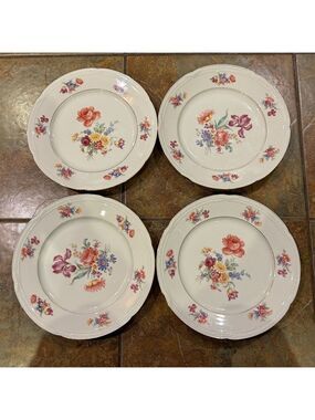 Zeh Scherzer Bavaria Germany Floral Minuet Dinner Plate Set of 4 9-3/4' Gold Tri